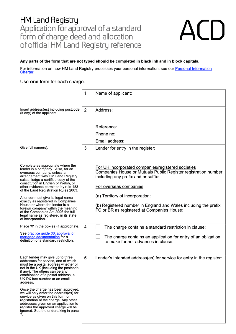 ACD Application for approval of a standard form of charge deed and allocation of official HM Land Registry reference preview