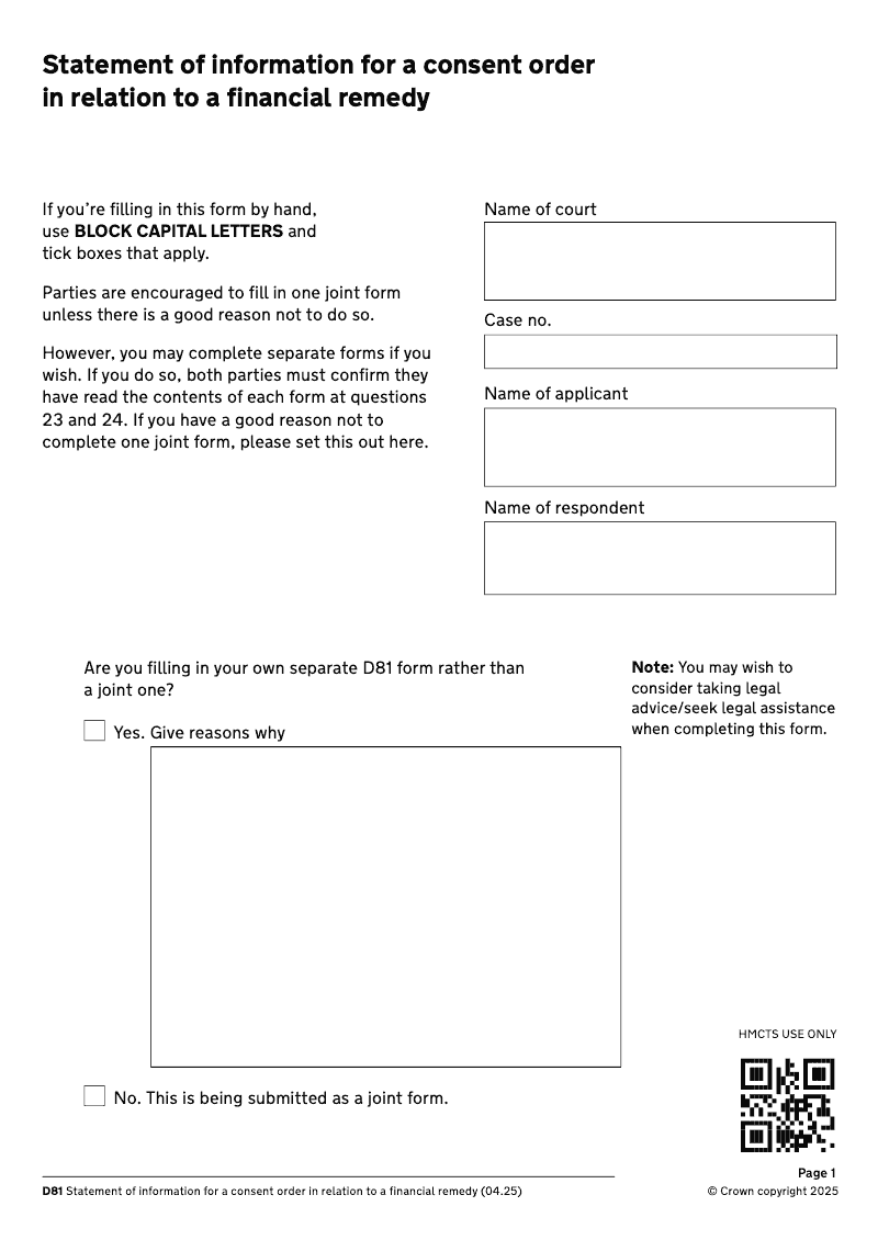 D81 Statement of information for a consent order in relation to a financial remedy DIV32 electronic signature available preview