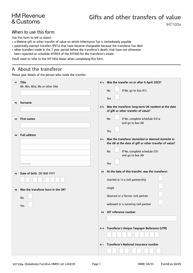 IHT100a 2025 Gifts and Other Transfers of Value preview