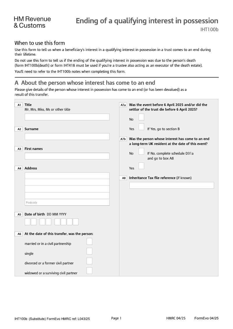 IHT100b 2025 Ending of a qualifying interest in possession preview