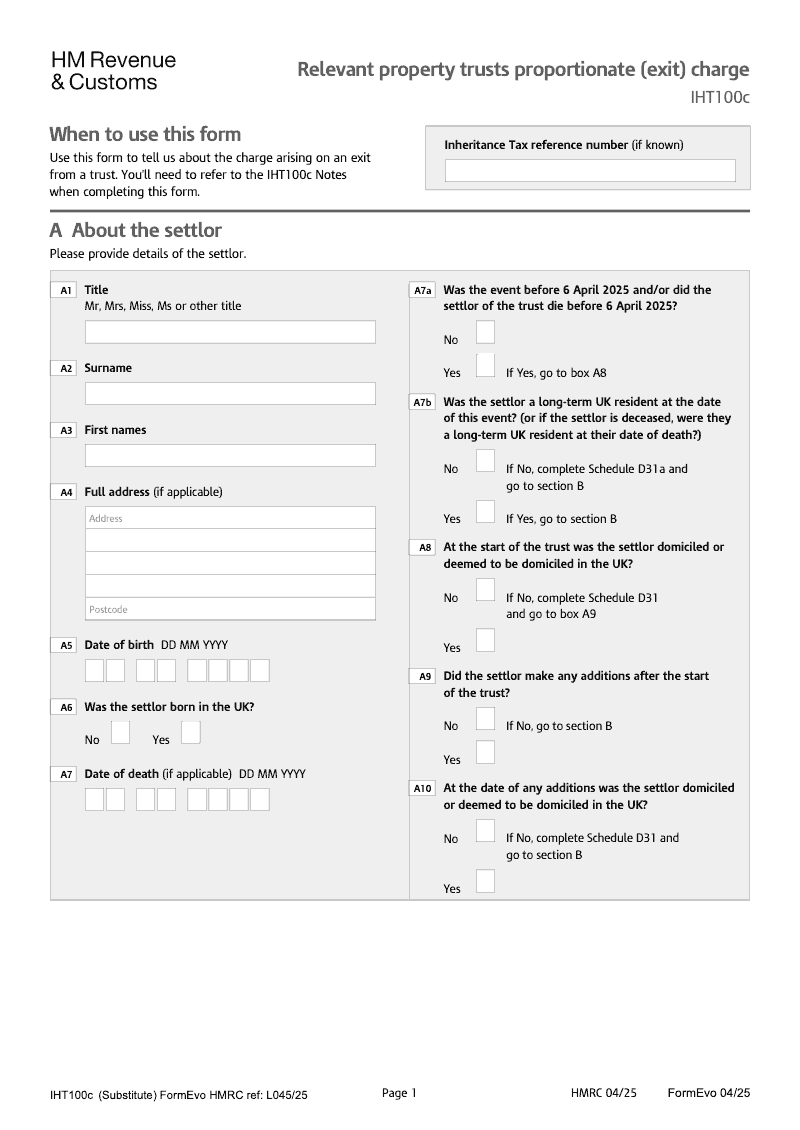 IHT100c 2025 Relevant property trusts proportionate exit charge preview