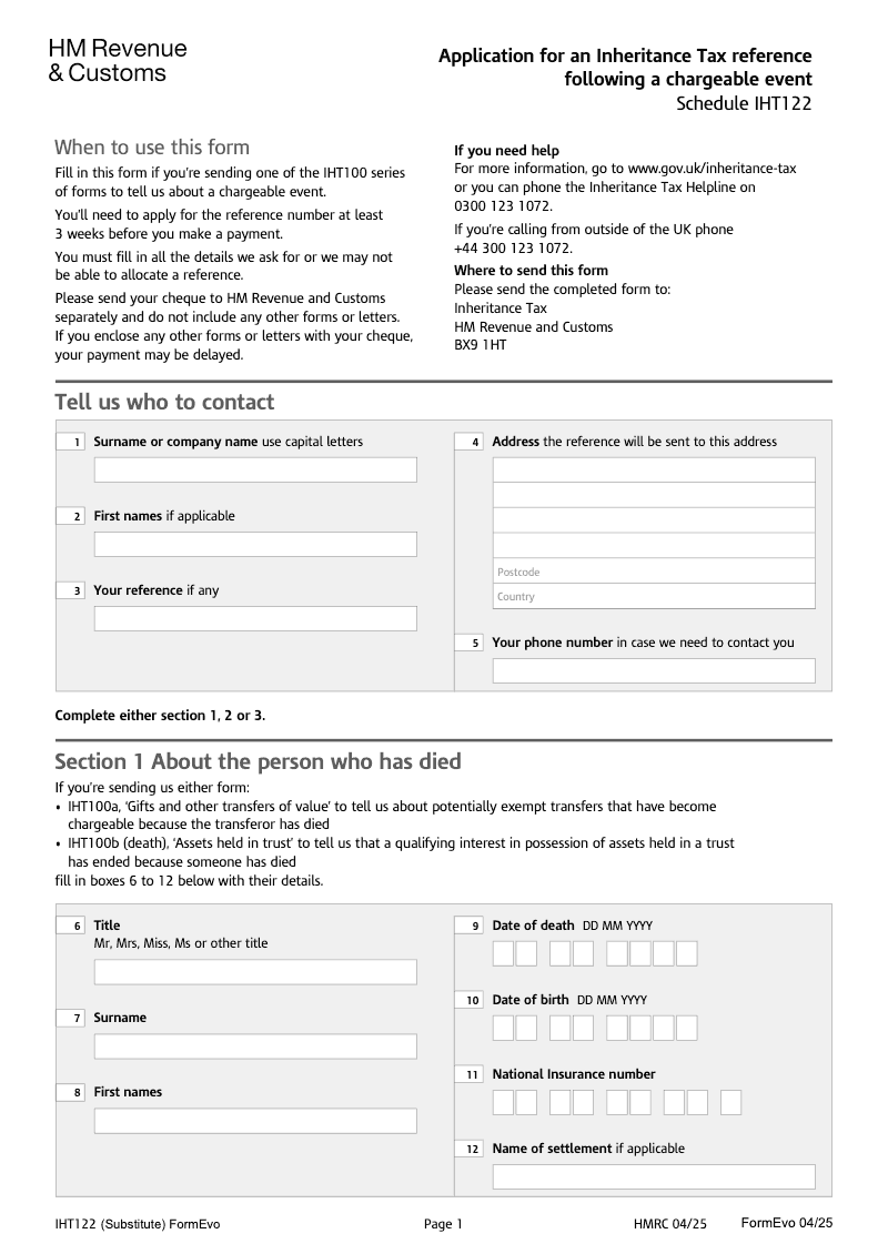 IHT122 Application for an Inheritance Tax reference following a chargeable event Schedule IHT122 preview