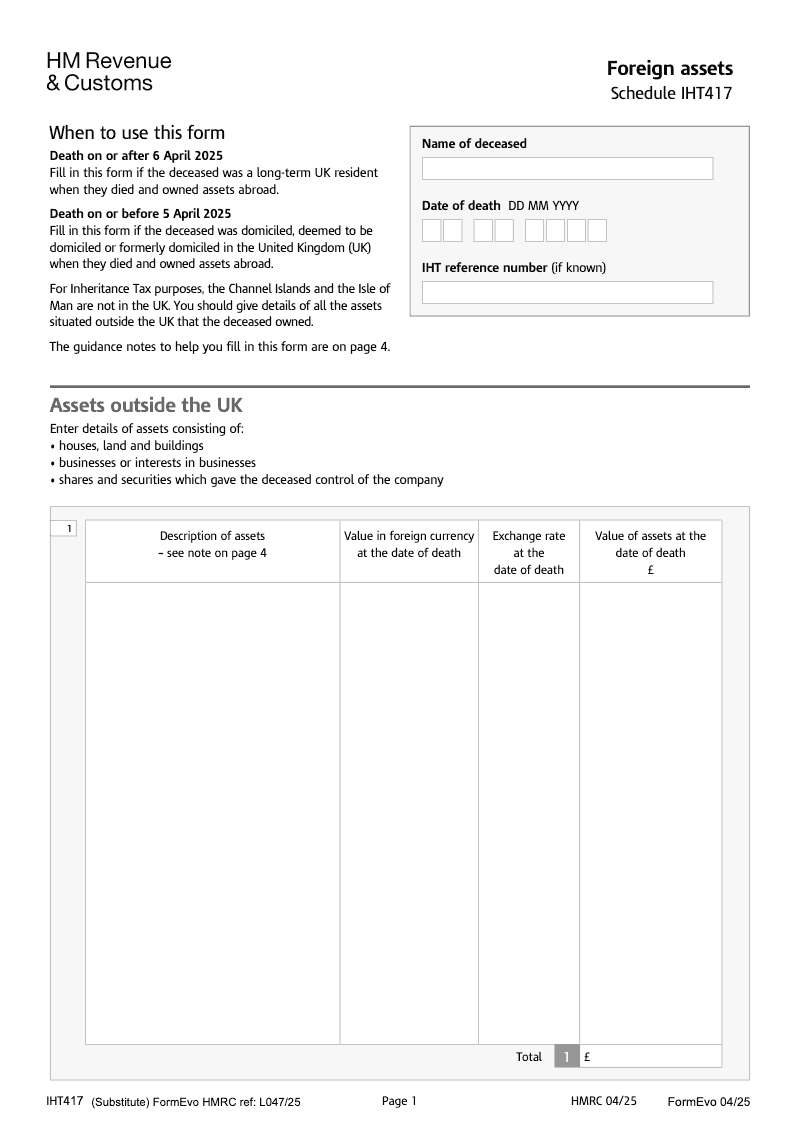 IHT417 Foreign assets Schedule IHT417 preview