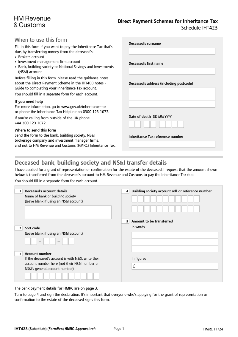IHT423 Direct Payment Scheme Bank or building society account Schedule IHT423 preview