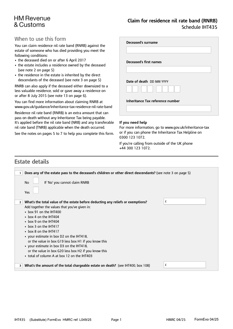 IHT435 Claim for residence nil rate band RNRB Schedule IHT435 preview