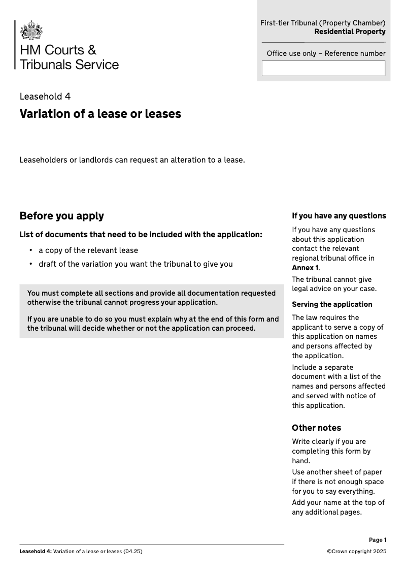 Leasehold 4 Application for the variation of a lease or leases Part IV Landlord and Tenant Act 1987 First tier Tribunal Property Chamber Residential Property preview
