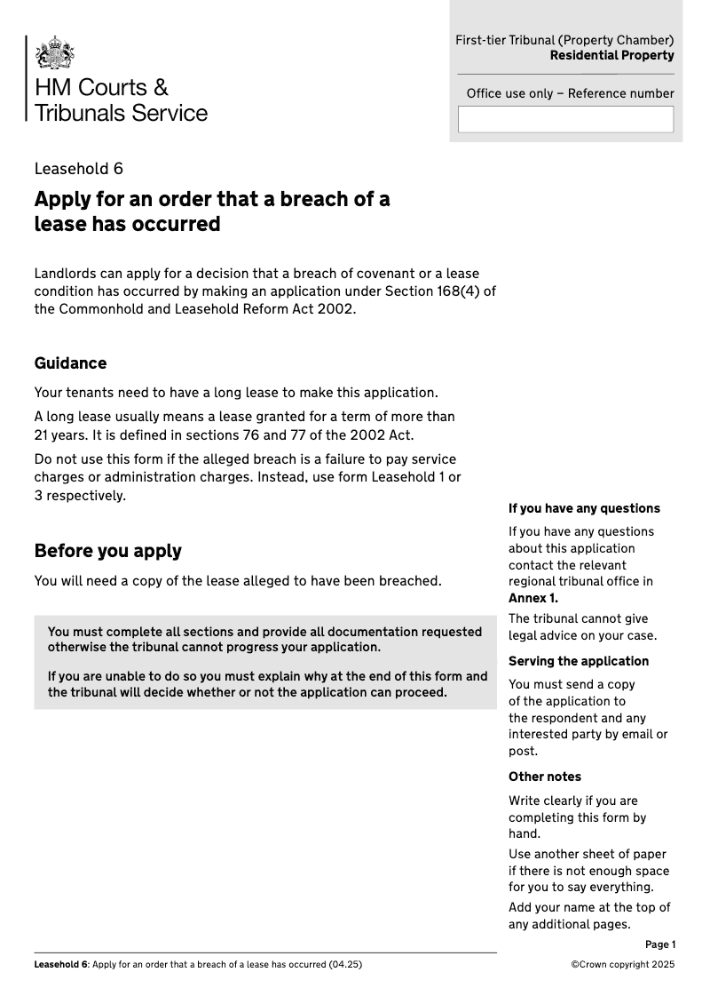 Leasehold 6 Application for an order that a breach of covenant or a condition in the lease has occurred Section 168 4 of the Commonhold and Leasehold Reform Act 2002 First tier Tribunal Property Chamber Residential Property preview