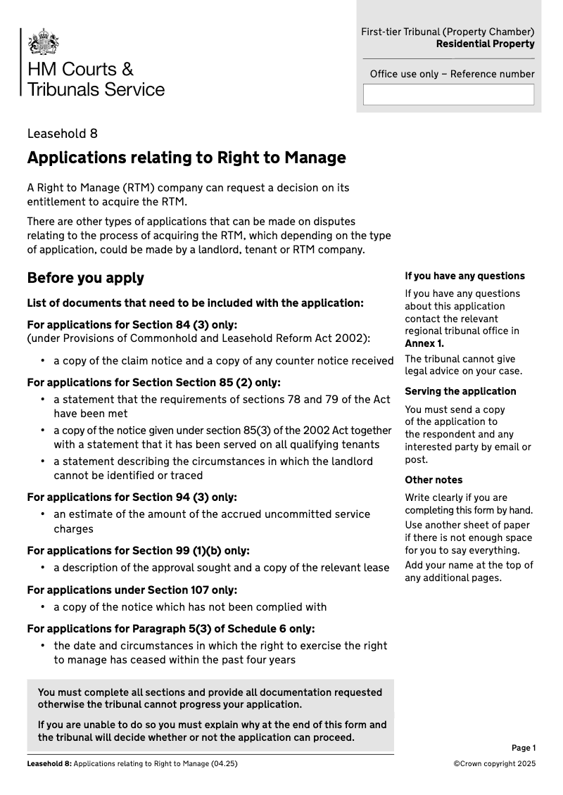 Leasehold 8 Application for Determination of Reasonable Costs flats and premises Section 91 2 d of the Leasehold Reform Housing and Urban Development Act 1993 First tier Tribunal Property Chamber Residential Property preview