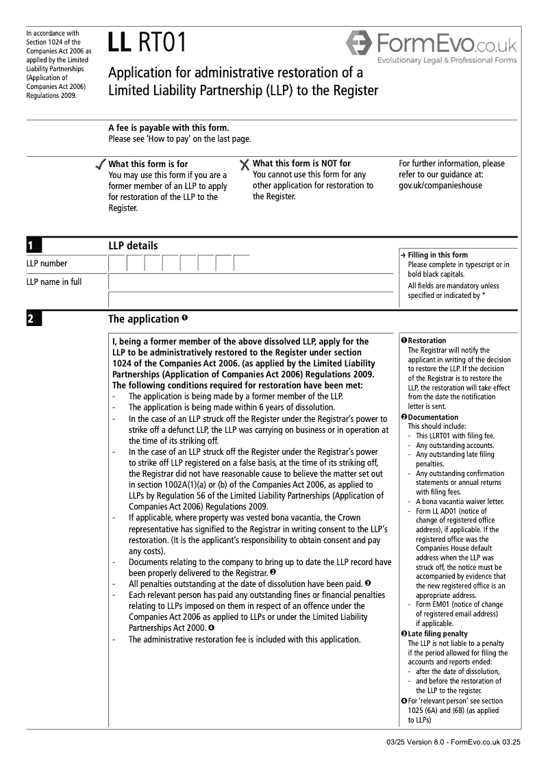LL RT01 Application for administrative restoration of a Limited Liability Partnership LLP to the Register preview
