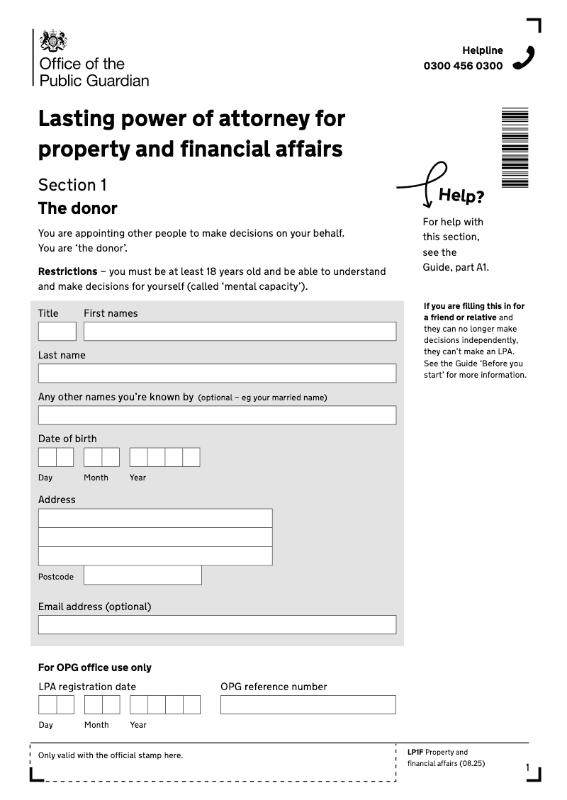 LP1FWF Lasting power of attorney financial decisions preview