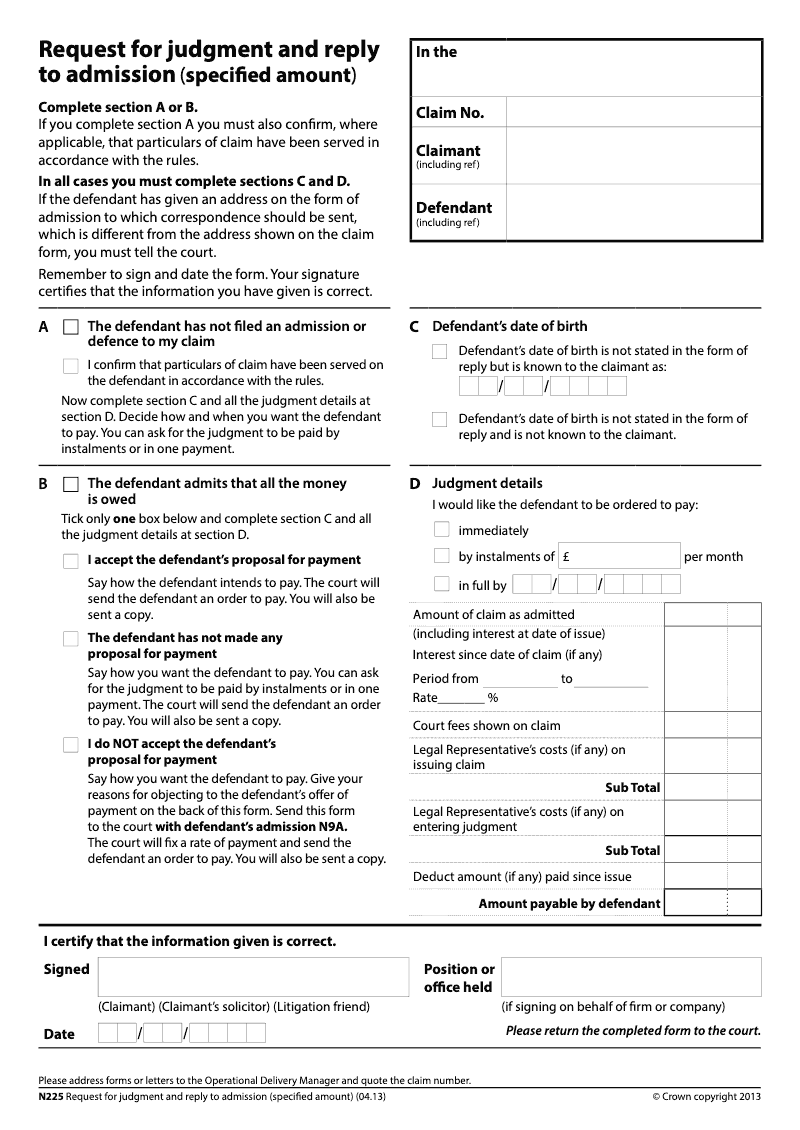 N225 Request for judgment and reply to admission specified amount preview