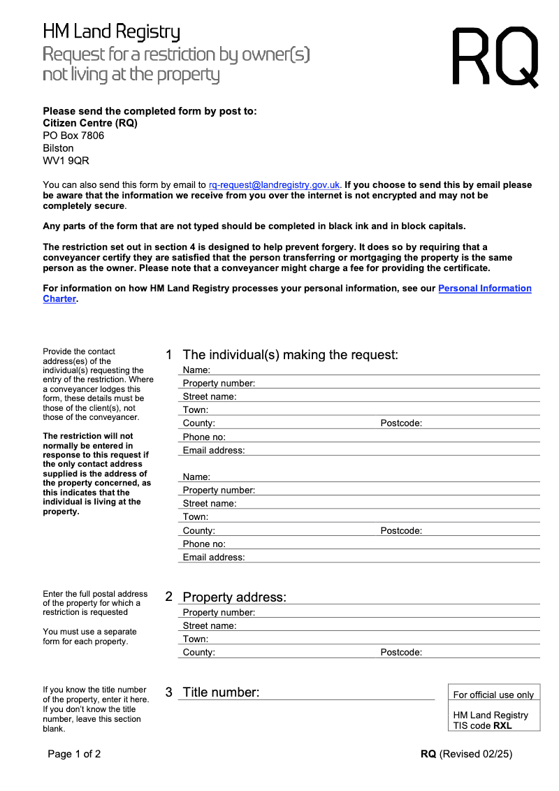 RQX Request for a restriction by owner s not living at the property Word Version preview
