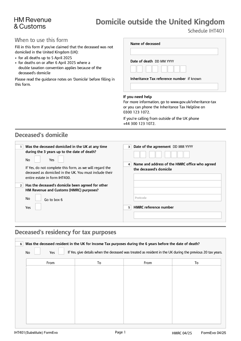 SA IHT401 Domicile outside the United Kingdom Schedule IHT401 Standalone version preview