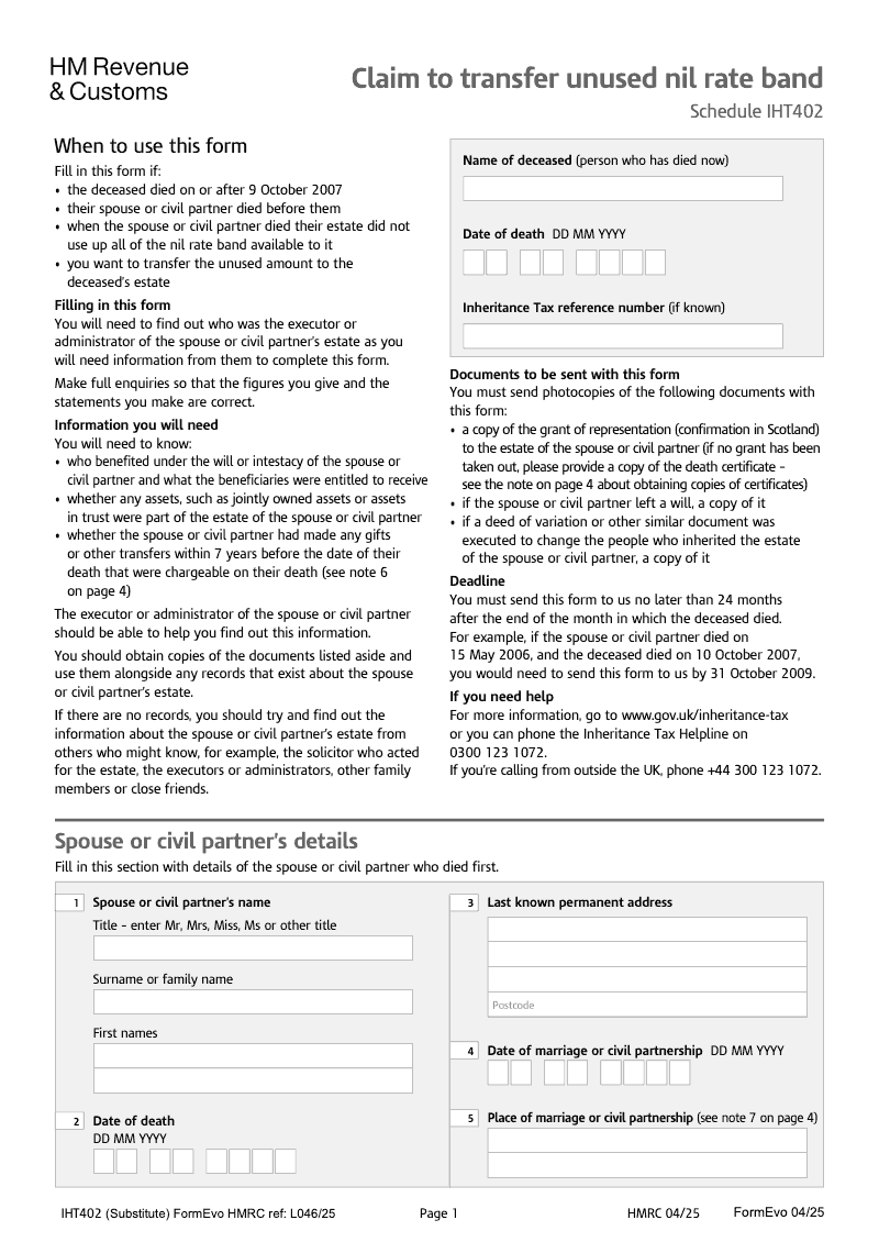 SA IHT402 Claim to transfer unused nil rate band Schedule IHT402 Standalone version preview