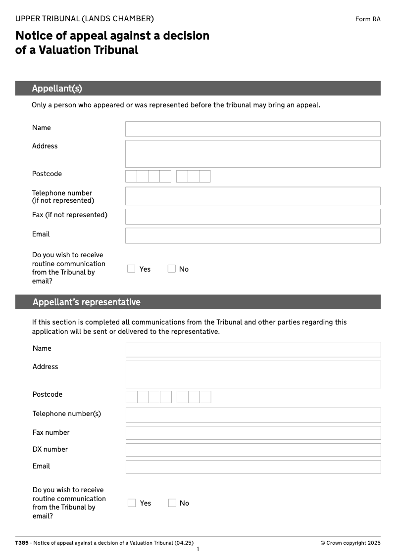 T385 Notice of appeal against a decision of a Valuation Tribunal electronic signature available preview